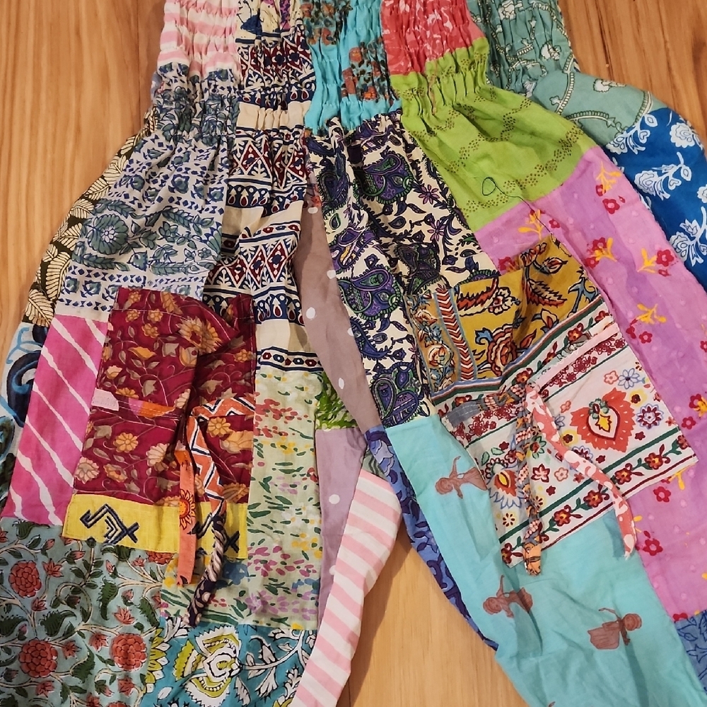 Casual Blue and Green Patchwork Pants with Elastic Waist - Picture 3 of 6